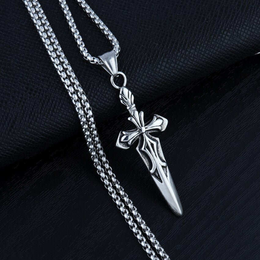 HNSP Punk Sword Cross Necklace Pendant For Men Boy Vintage Jewelry 50 cm Stainless Steel Chain