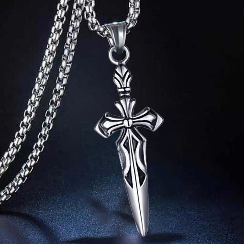 HNSP Punk Sword Cross Necklace Pendant For Men Boy Vintage Jewelry 50 cm Stainless Steel Chain