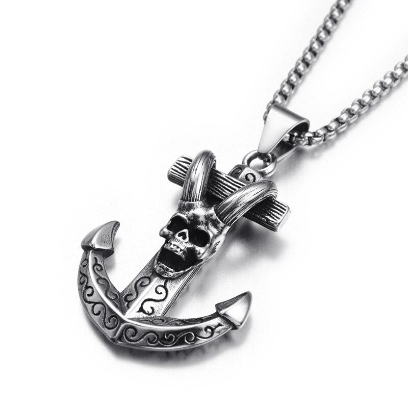 HNSP Skull Anchor Pendant  Necklace For Men Male Punk Style