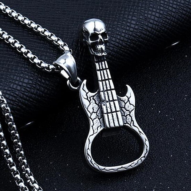 HNSP Skull Guitar Chain Pendant Necklace For Men Women Gothic Punk Neck Jewelry
