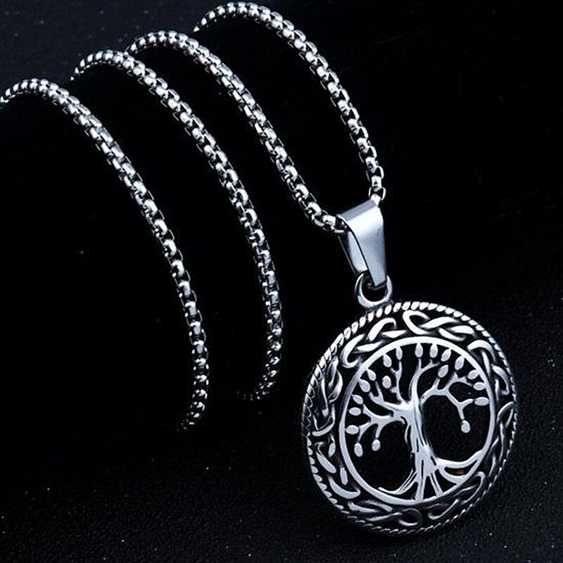 HNSP Viking Tree Life Round Pendant Stainless Steel Chain Necklace For Men Male Neck Punk Gothic Jewelry