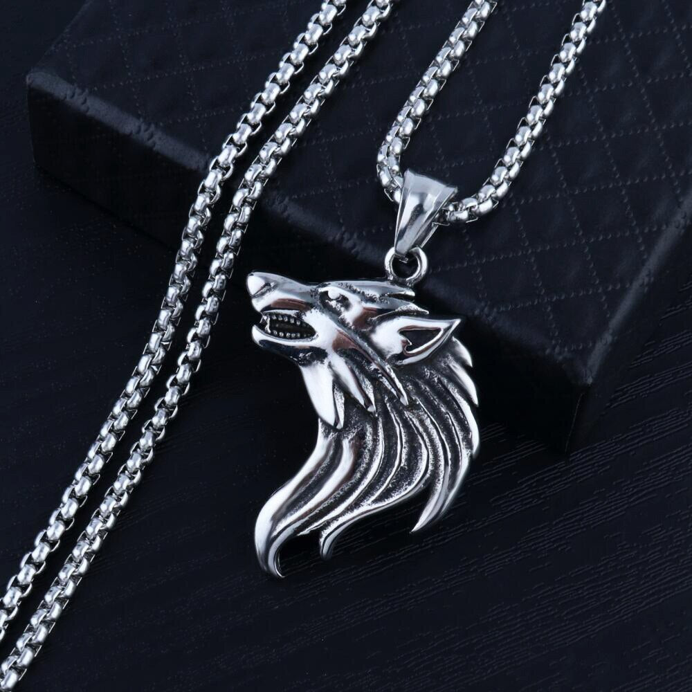 HNSP Viking Wolf Pendant Necklace For Men Chain Neck Male Goth Punk Jewelry Gift