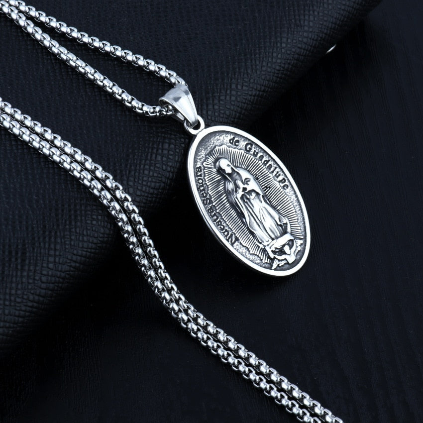 HNSP Vintage Oval Virgin Mary Chain Pendant Necklace For Men Women Neck Lucky Punk Jewelry Gift