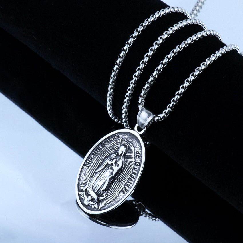 HNSP Vintage Oval Virgin Mary Chain Pendant Necklace For Men Women Neck Lucky Punk Jewelry Gift