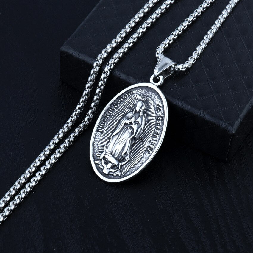 HNSP Vintage Oval Virgin Mary Chain Pendant Necklace For Men Women Neck Lucky Punk Jewelry Gift
