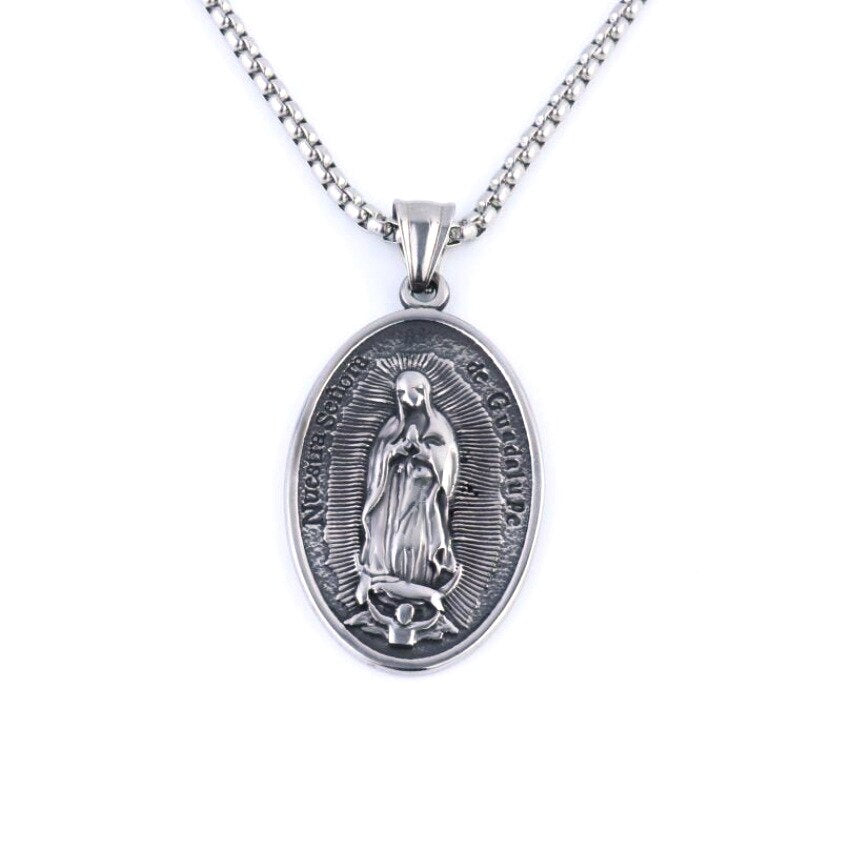 HNSP Vintage Oval Virgin Mary Chain Pendant Necklace For Men Women Neck Lucky Punk Jewelry Gift
