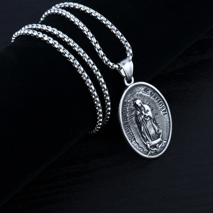 HNSP Vintage Oval Virgin Mary Chain Pendant Necklace For Men Women Neck Lucky Punk Jewelry Gift
