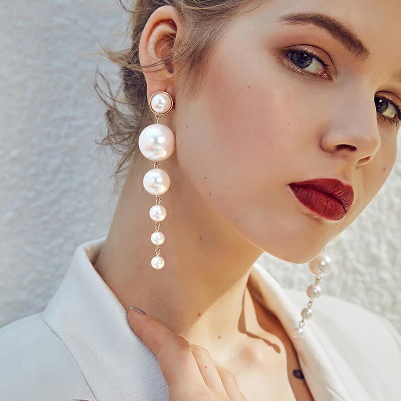 HOCOLE New Big Simulated Pearl Long Bride Earrings Wedding Drop Earrings Elegant Pearls String For Women Jewelry Party Gift