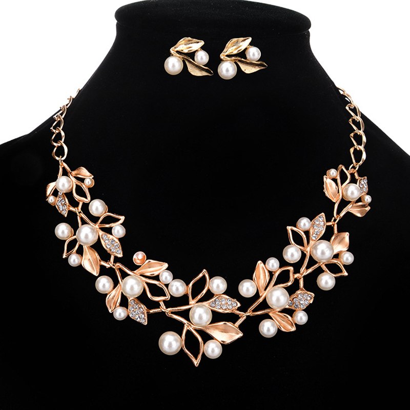 Imitation Pearl Rhinestone Flowers Leaves Metal Yellow/White Color Statement Necklace Women Jewelry
