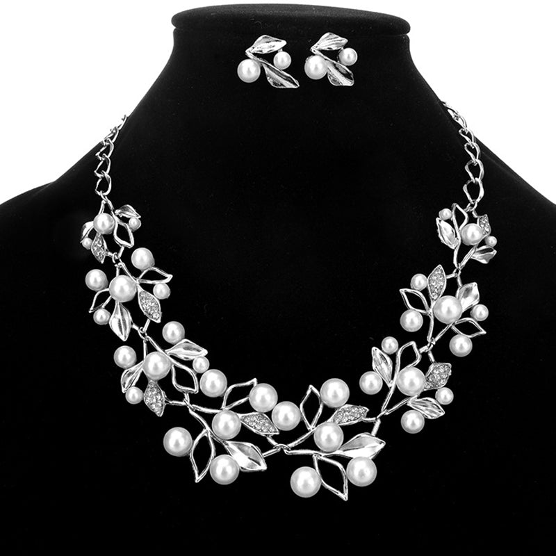 Imitation Pearl Rhinestone Flowers Leaves Metal Yellow/White Color Statement Necklace Women Jewelry
