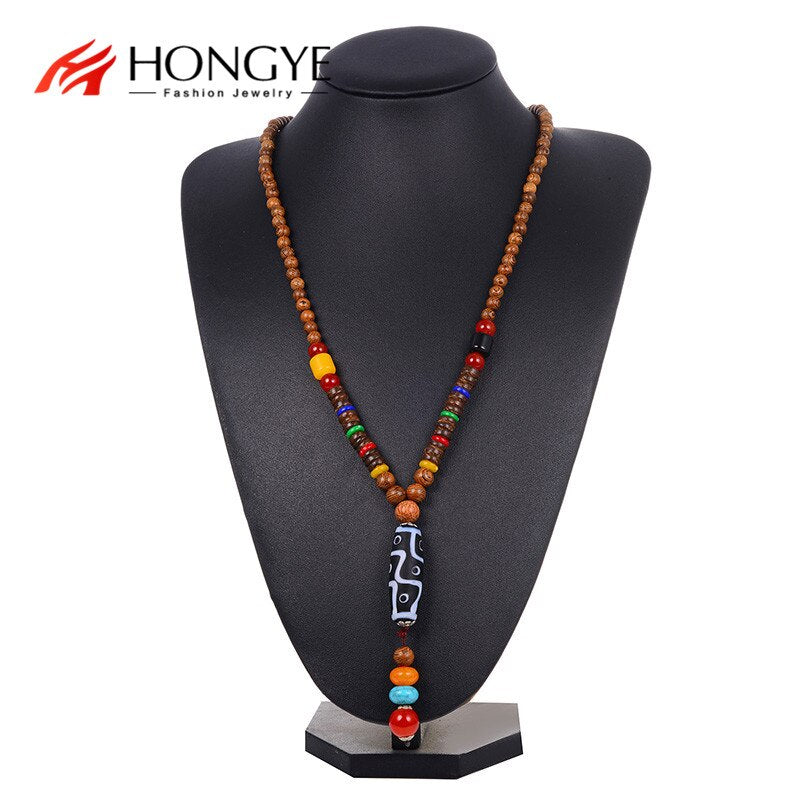 HONGYE Selling Vintage Ethnic Necklace Pendant  Wood Beads Long Chain Necklace Falling Wooden Bead Tassel Decoration