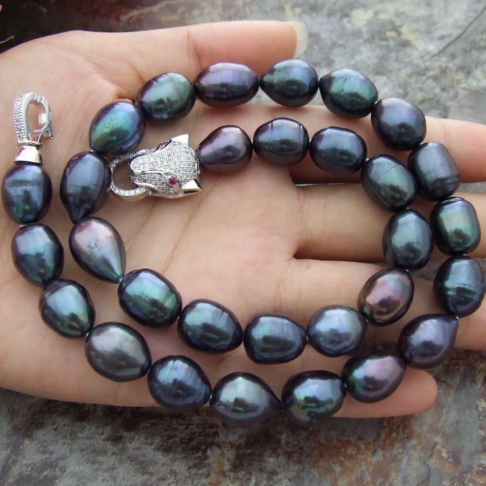 11-13MM NATURAL SOUTH SEA BAROQUE BLACK PEARL NECKLACE 18 INCH Leopard Clasp