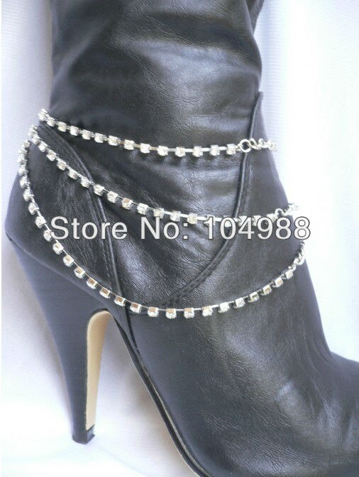 BY-140 WOMEN LOVED SILVER CHAIN BOOT STRAP 3 ROWS RHINESTONES STRANDS HEELS BOOTS CHAIMING ANKLE CHAIN NECKLACE JAEWELRY