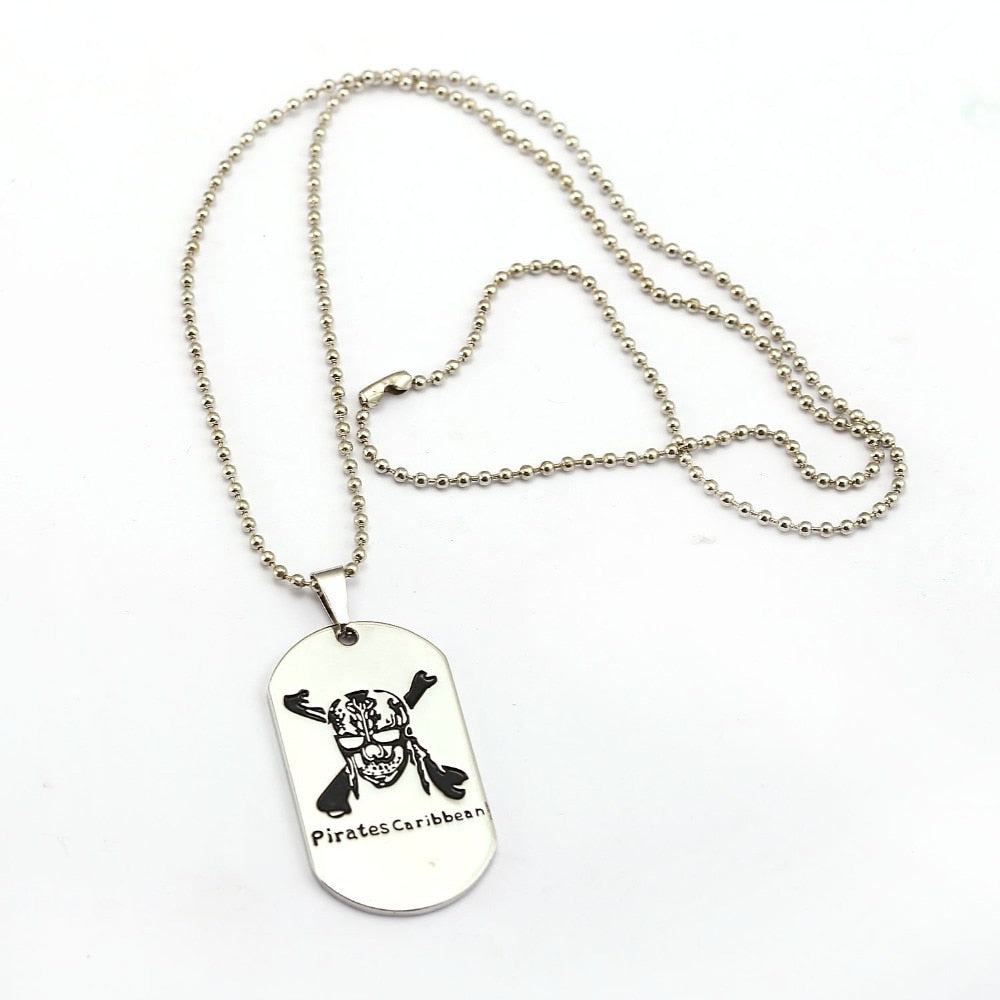 HSIC Movie Pirates of the Caribbean Necklace Jack Sparrow Beads Chains Skull Head Dog Tag Pendant Necklaces For Fans HC12288