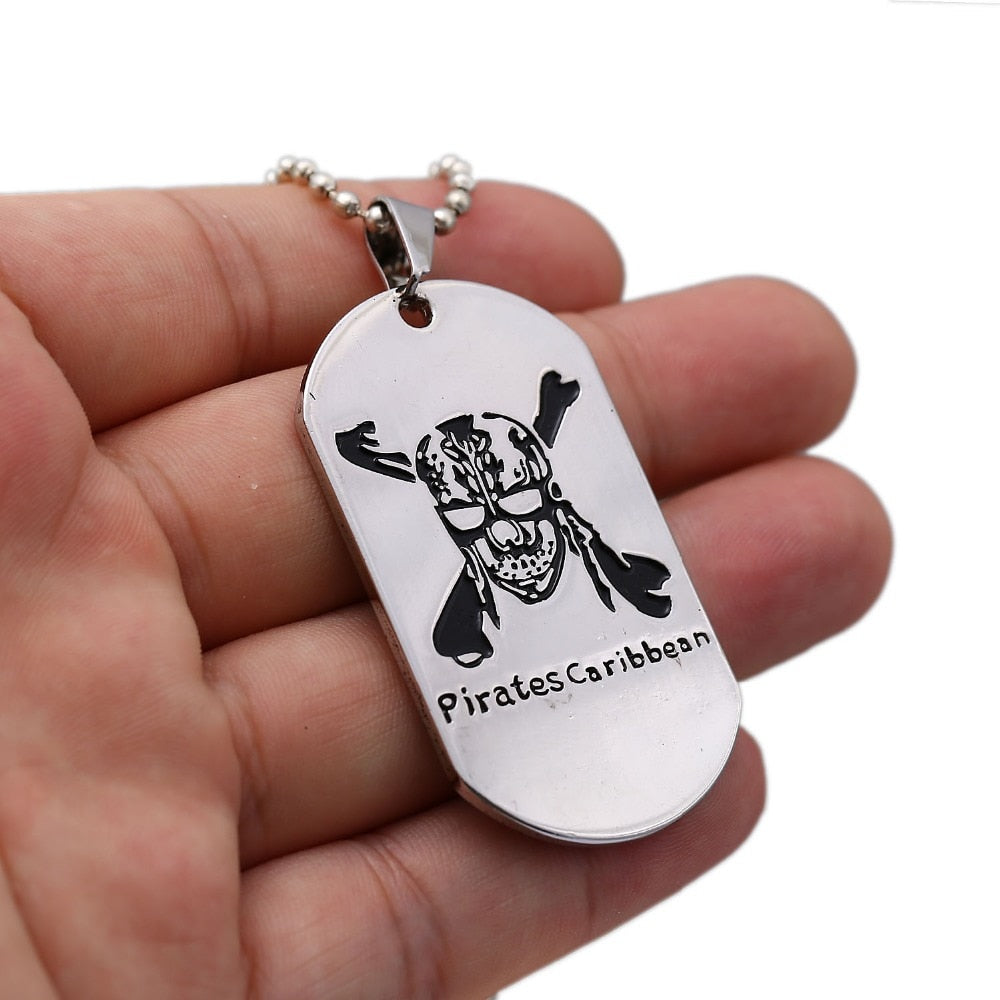 HSIC Movie Pirates of the Caribbean Necklace Jack Sparrow Beads Chains Skull Head Dog Tag Pendant Necklaces For Fans HC12288