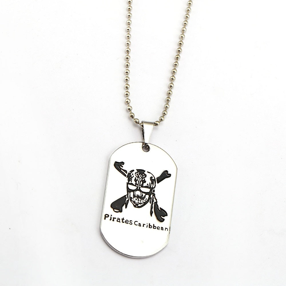HSIC Movie Pirates of the Caribbean Necklace Jack Sparrow Beads Chains Skull Head Dog Tag Pendant Necklaces For Fans HC12288