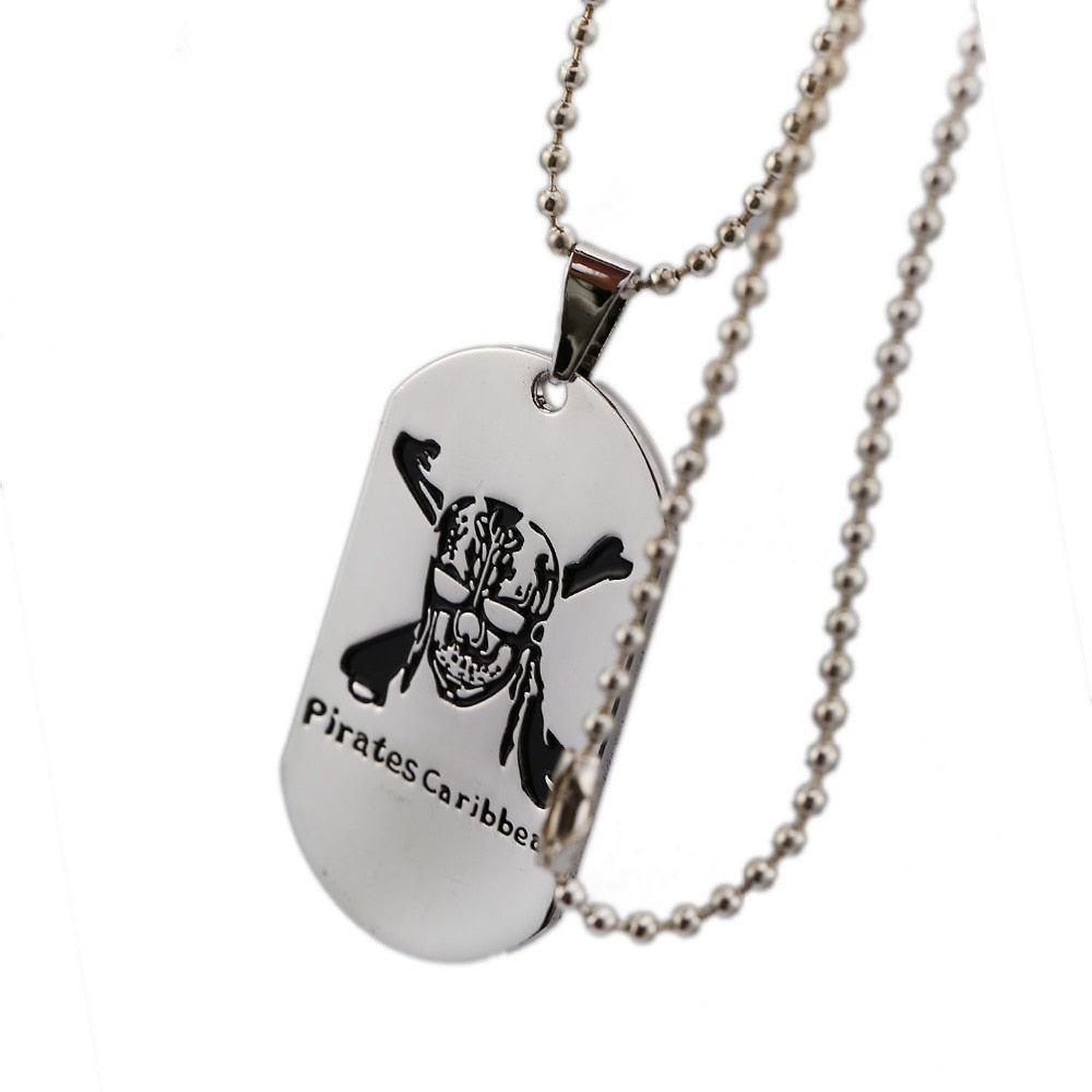 HSIC Movie Pirates of the Caribbean Necklace Jack Sparrow Beads Chains Skull Head Dog Tag Pendant Necklaces For Fans HC12288