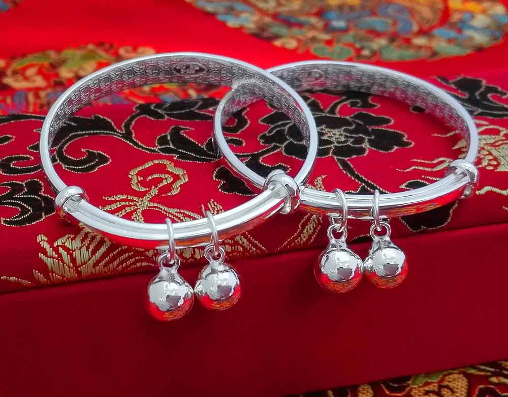 pure sliver silversmith 999 children's silver bracelets long-life round bracelet bells silver bracelet