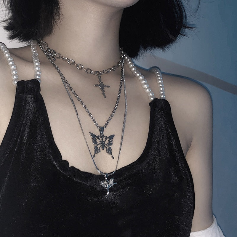 HUANZHI 2021 3pcs/set Three Layer Butterfly Cross Angel Pendant Grunge Metal Chain Necklace for Women Punk Cool Guy Jewelry