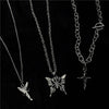 HUANZHI 2021 3pcs/set Three Layer Butterfly Cross Angel Pendant Grunge Metal Chain Necklace for Women Punk Cool Guy Jewelry