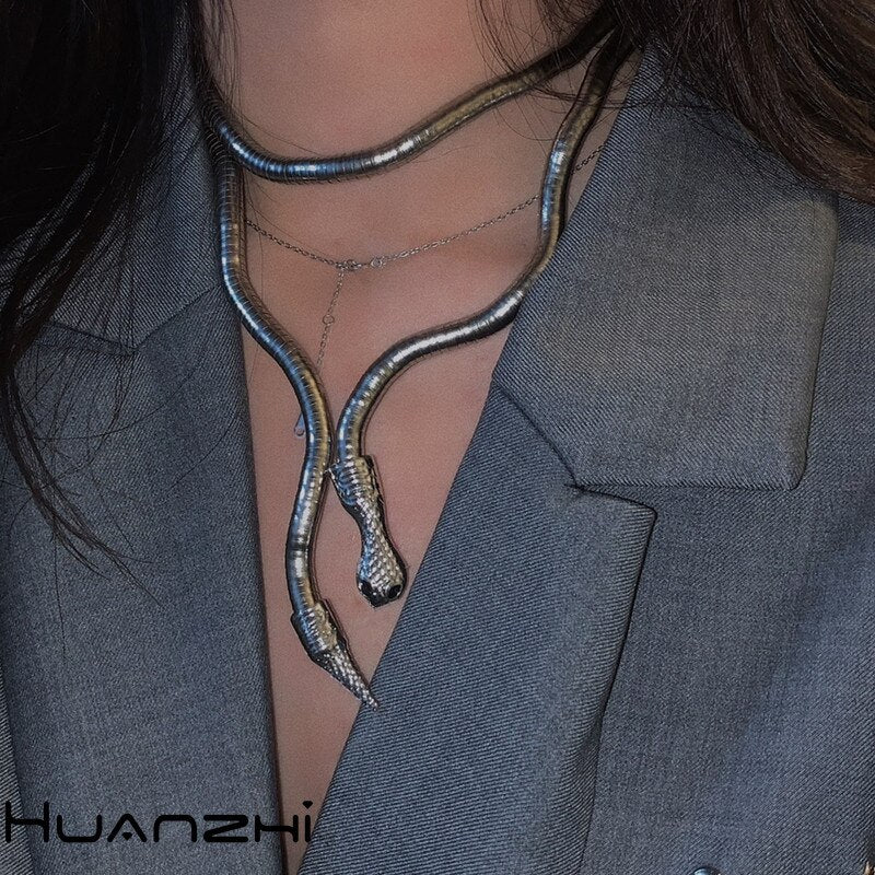 HUANZHI 2021 Hip Hop Metal Adjustable Gold Silver Color Snake Multifunctional Necklace for Women Girls Party Jewellery