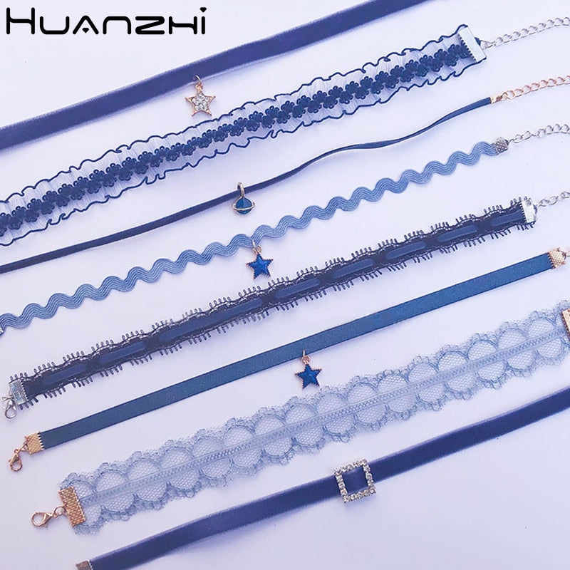 HUANZHI 2021 Japanese Sweet Blue Lace Velvet Planet Pendant Clavicle Chain Choker Necklace for Women Vacation Jewelry