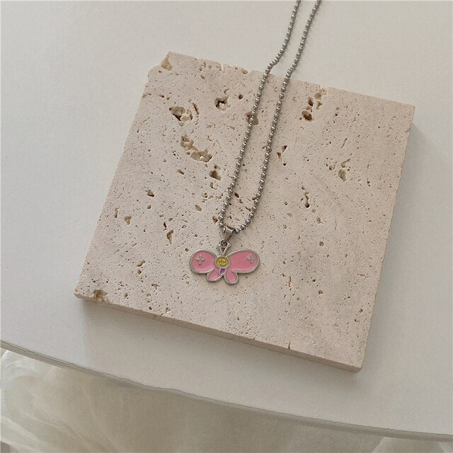 HUANZHI 2022 Colorful Star Butterfly Bear Necklace Titanium Steel Pendants Metal Necklaces for Women Unisex Jewelry Accessories