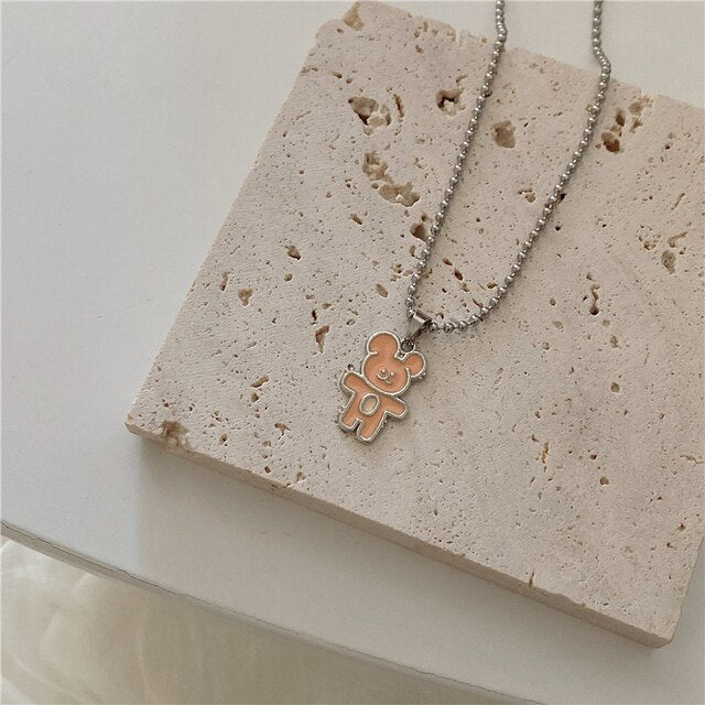 HUANZHI 2022 Colorful Star Butterfly Bear Necklace Titanium Steel Pendants Metal Necklaces for Women Unisex Jewelry Accessories