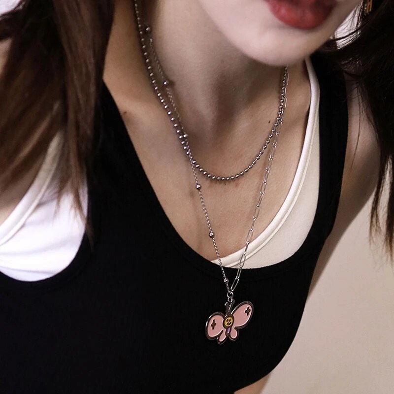 HUANZHI 2022 Colorful Star Butterfly Bear Necklace Titanium Steel Pendants Metal Necklaces for Women Unisex Jewelry Accessories