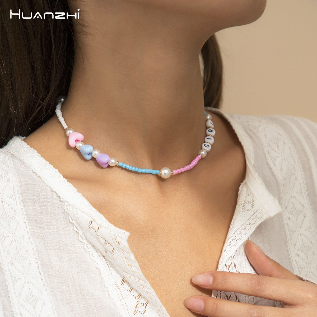 HUANZHI 2021 INS Ethnic Style Color Heart Beaded Acrylic Letter Pearl Cute Necklace for Women Girls Summer Party Jewelry