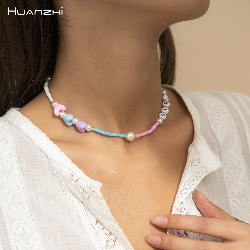 HUANZHI 2021 INS Ethnic Style Color Heart Beaded Acrylic Letter Pearl Cute Necklace for Women Girls Summer Party Jewelry