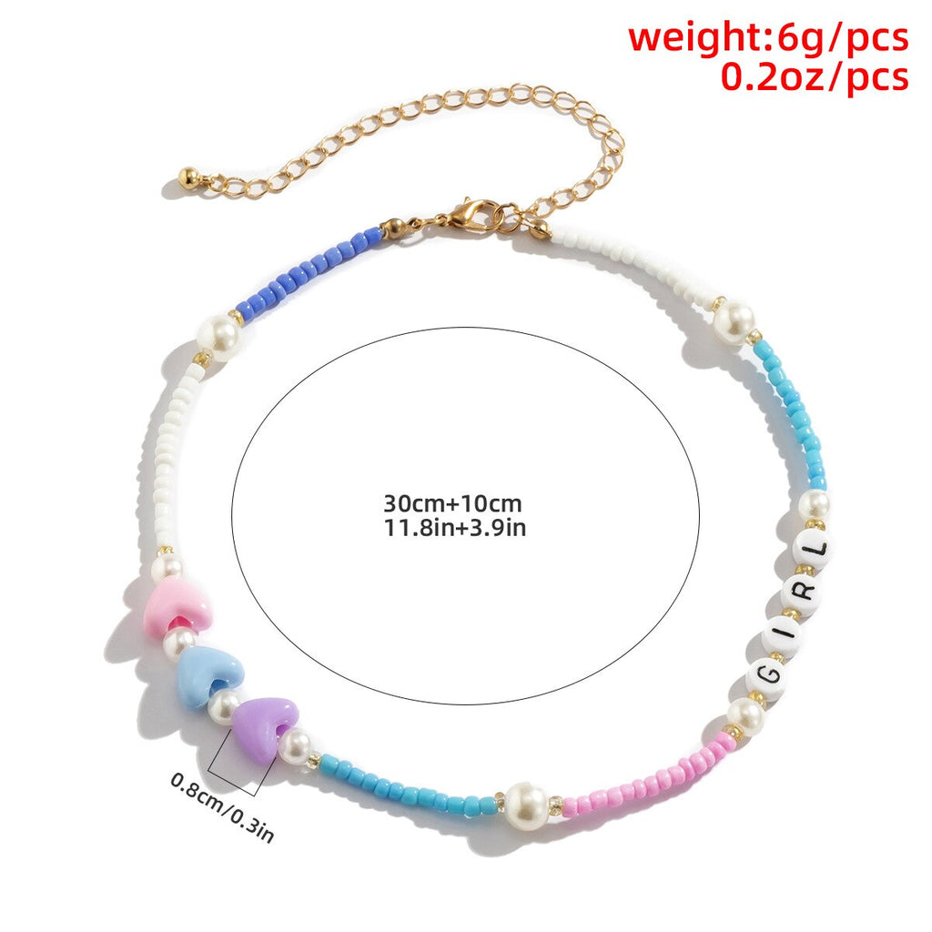 HUANZHI 2021 INS Ethnic Style Color Heart Beaded Acrylic Letter Pearl Cute Necklace for Women Girls Summer Party Jewelry