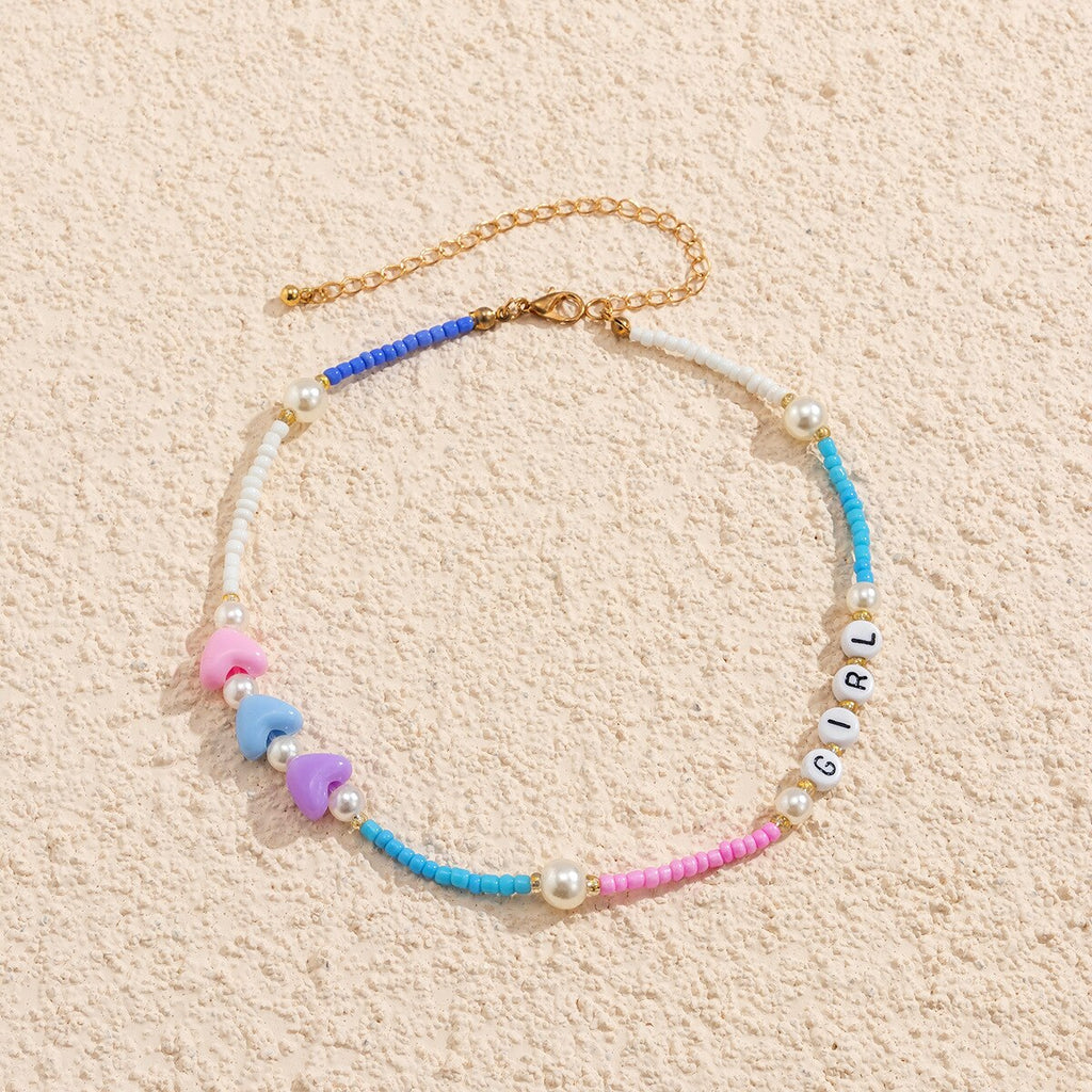HUANZHI 2021 INS Ethnic Style Color Heart Beaded Acrylic Letter Pearl Cute Necklace for Women Girls Summer Party Jewelry