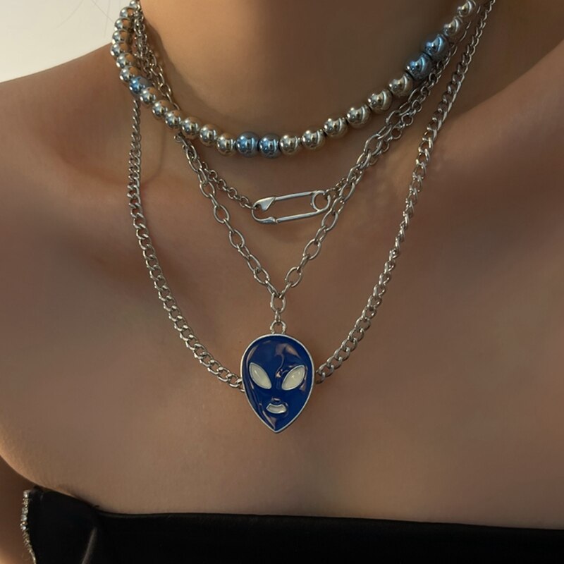 HUANZHI 2021 Punk Design Double Layer  Blue Green Glaze Alien Safety Pin Metal Necklace For Women Man Daily Jewelry