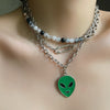 HUANZHI 2021 Punk Design Double Layer  Blue Green Glaze Alien Safety Pin Metal Necklace For Women Man Daily Jewelry