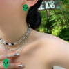 HUANZHI 2021 Punk Design Double Layer  Blue Green Glaze Alien Safety Pin Metal Necklace For Women Man Daily Jewelry