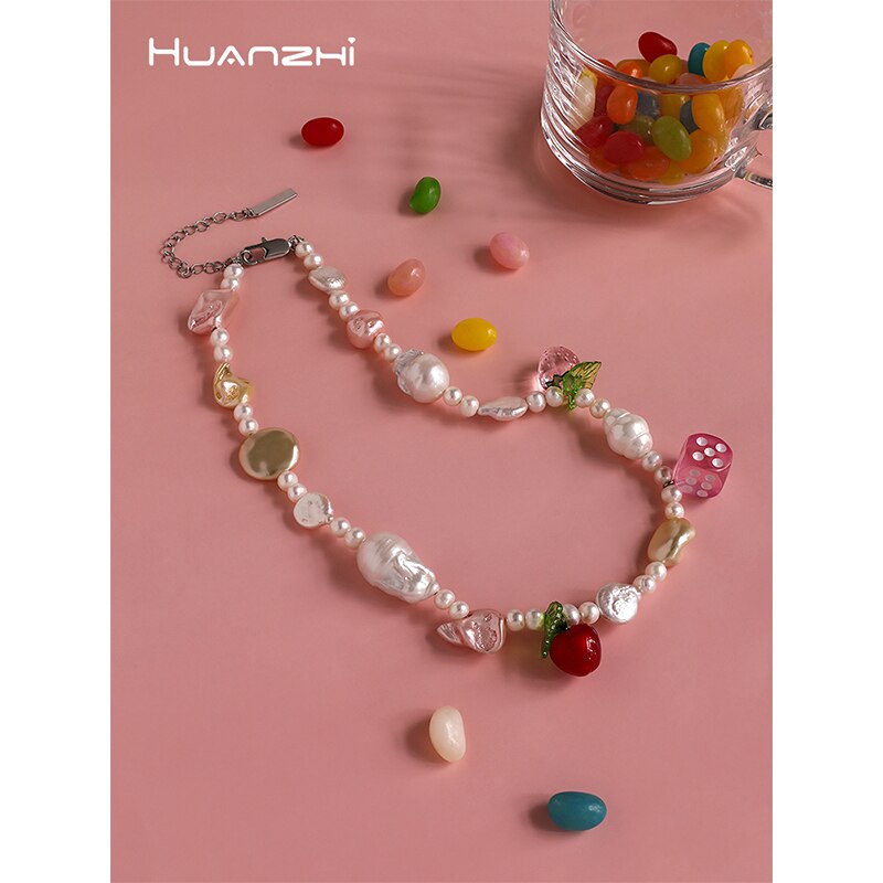 HUANZHI 2021 Baroque Pearl Necklace Colorful Acrylic Dice Strawberry Fruit Irregular Beaded Choker For Women Y2K Jewelry