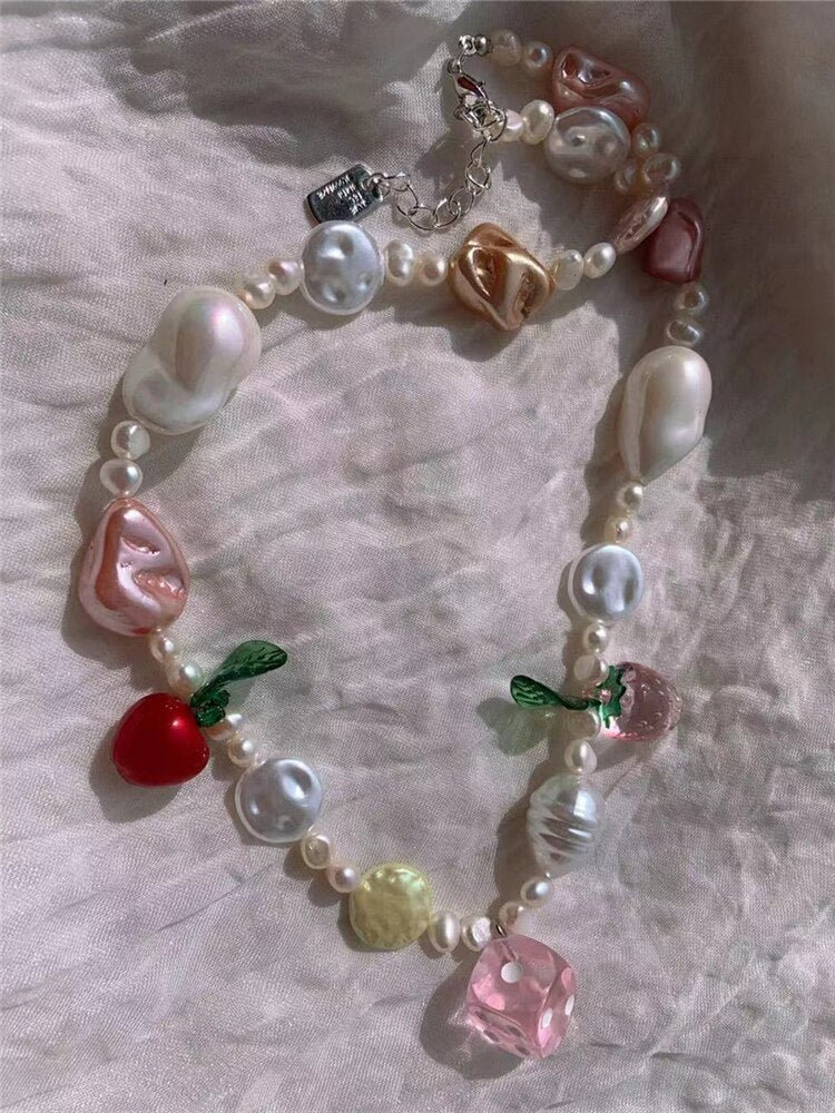 HUANZHI 2021 Baroque Pearl Necklace Colorful Acrylic Dice Strawberry Fruit Irregular Beaded Choker For Women Y2K Jewelry