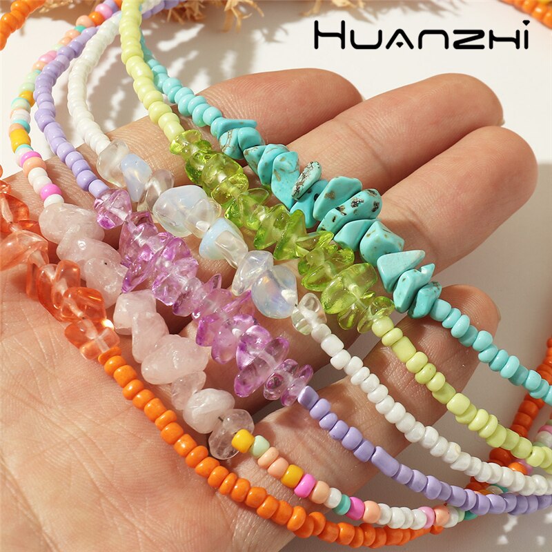 HUANZHI 2021 Bohemia Colorful Irregular Natural Stone Beads Beaded Necklace Choker For Women Girls Neck Accessories