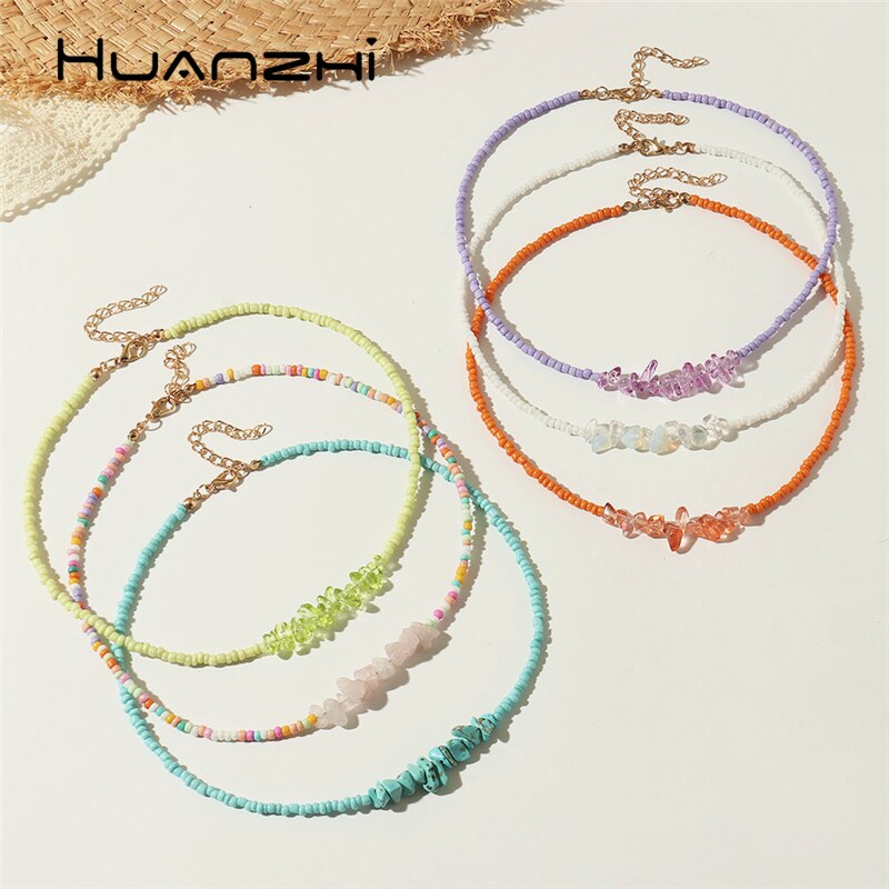 HUANZHI 2021 Bohemia Colorful Irregular Natural Stone Beads Beaded Necklace Choker For Women Girls Neck Accessories