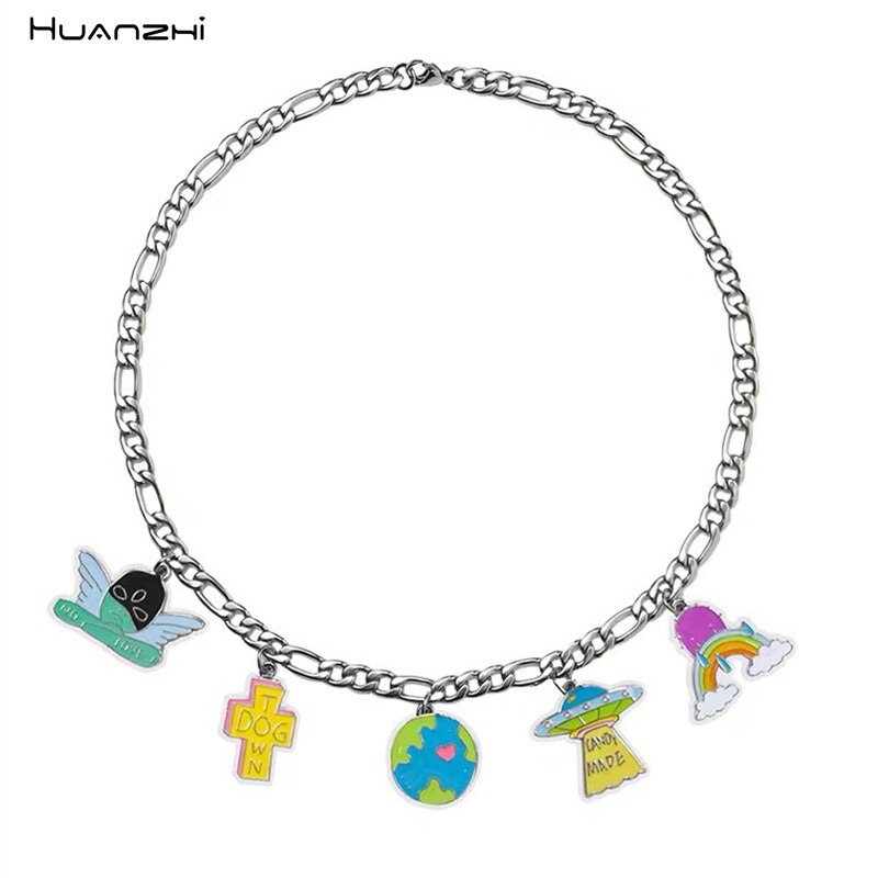 HUANZHI 2021 Colorful Dripping Oil Cartoon Rainbow Earth Cross UFO Angel Pendant Necklace for Women Girls Party Jewelry Gift