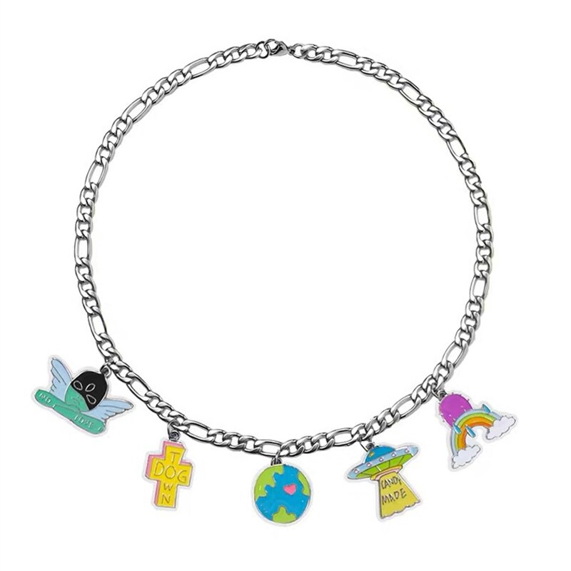 HUANZHI 2021 Colorful Dripping Oil Cartoon Rainbow Earth Cross UFO Angel Pendant Necklace for Women Girls Party Jewelry Gift