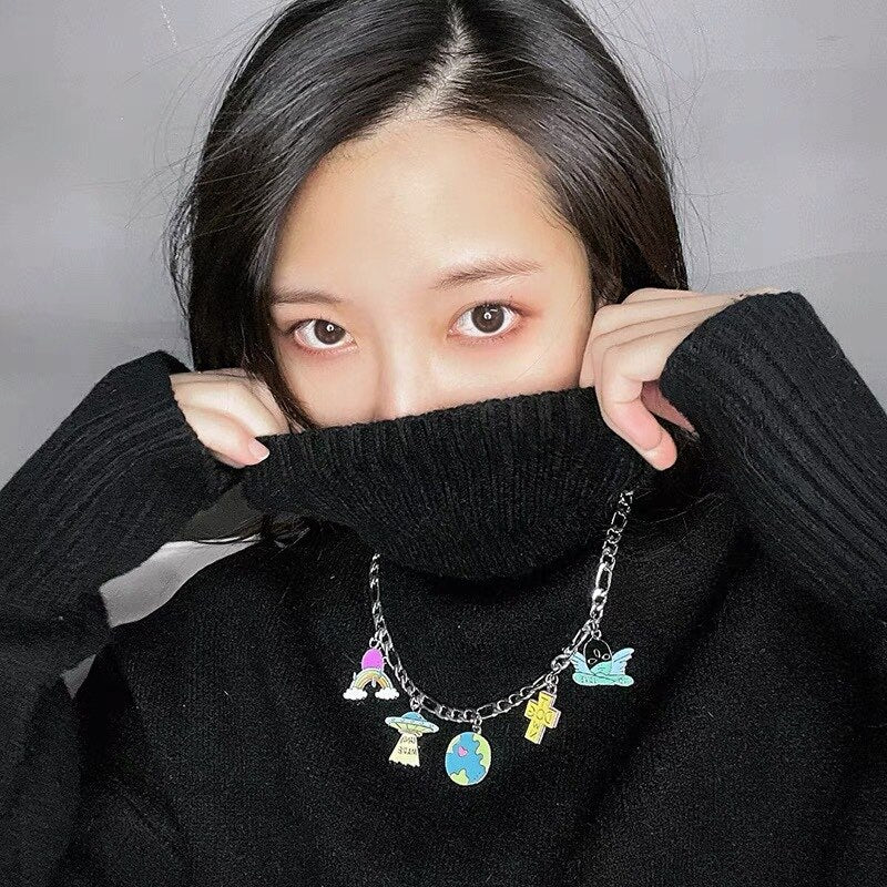 HUANZHI 2021 Colorful Dripping Oil Cartoon Rainbow Earth Cross UFO Angel Pendant Necklace for Women Girls Party Jewelry Gift