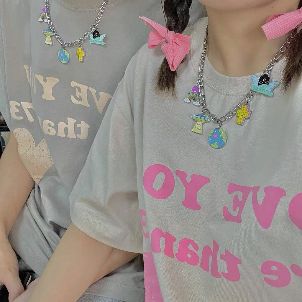 HUANZHI 2021 Colorful Dripping Oil Cartoon Rainbow Earth Cross UFO Angel Pendant Necklace for Women Girls Party Jewelry Gift