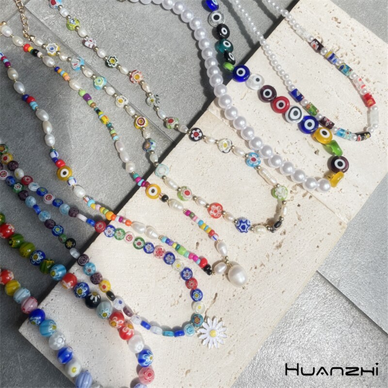 HUANZHI 2021 Colorful Freshwater Pearl Flower Acrylic Resin Devil Eye Asymmetry Beaded Clavicle Necklace for Women Jewelry