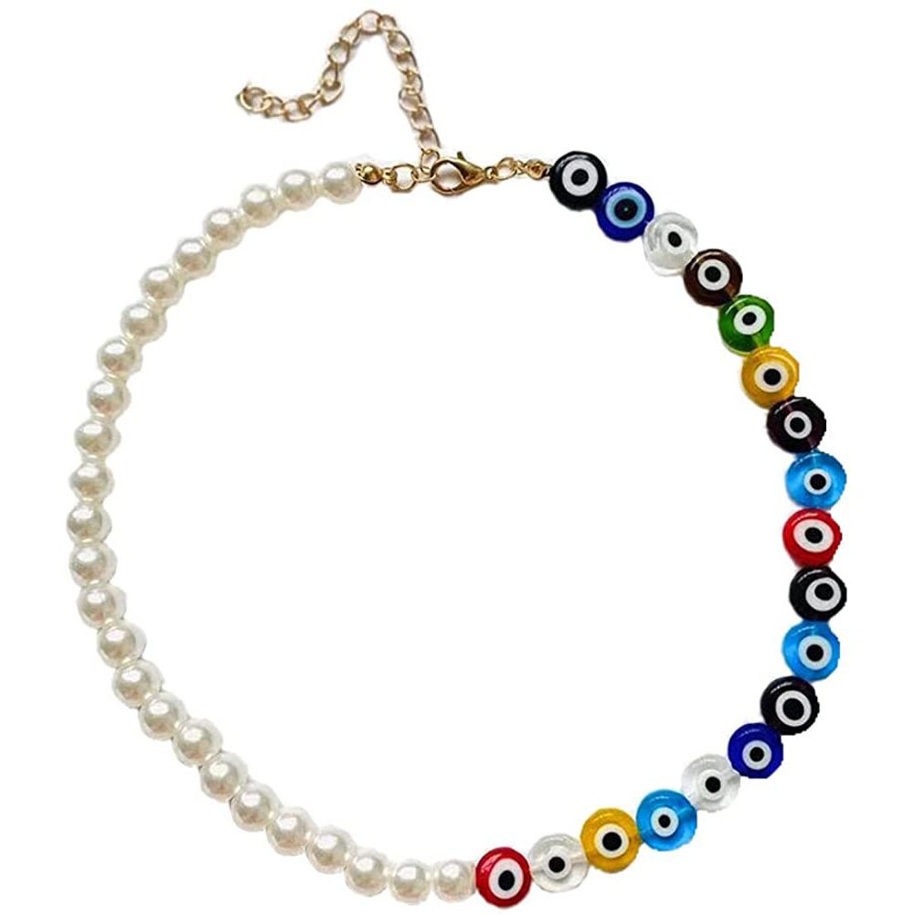 HUANZHI 2021 Colorful Freshwater Pearl Flower Acrylic Resin Devil Eye Asymmetry Beaded Clavicle Necklace for Women Jewelry