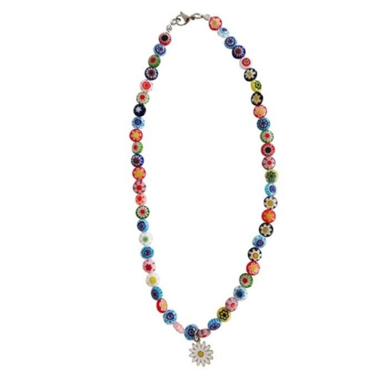 HUANZHI 2021 Colorful Freshwater Pearl Flower Acrylic Resin Devil Eye Asymmetry Beaded Clavicle Necklace for Women Jewelry