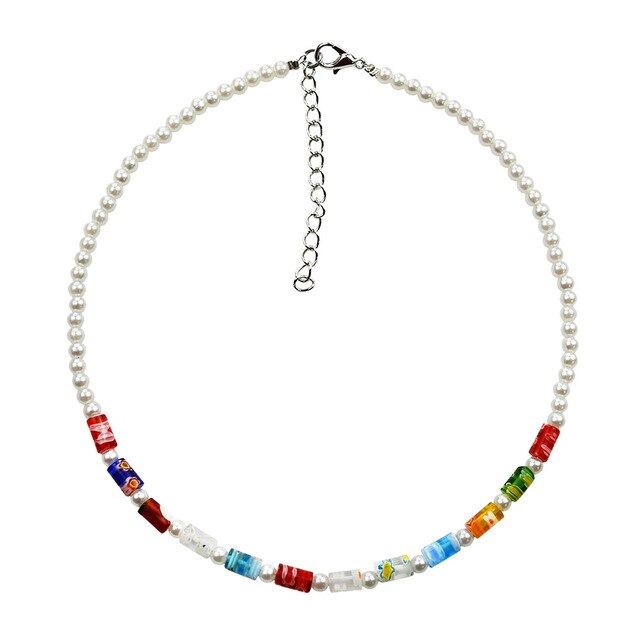 HUANZHI 2021 Colorful Freshwater Pearl Flower Acrylic Resin Devil Eye Asymmetry Beaded Clavicle Necklace for Women Jewelry