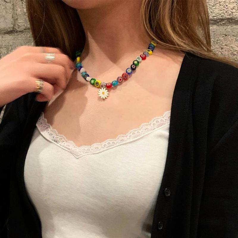 HUANZHI 2021 Colorful Freshwater Pearl Flower Acrylic Resin Devil Eye Asymmetry Beaded Clavicle Necklace for Women Jewelry