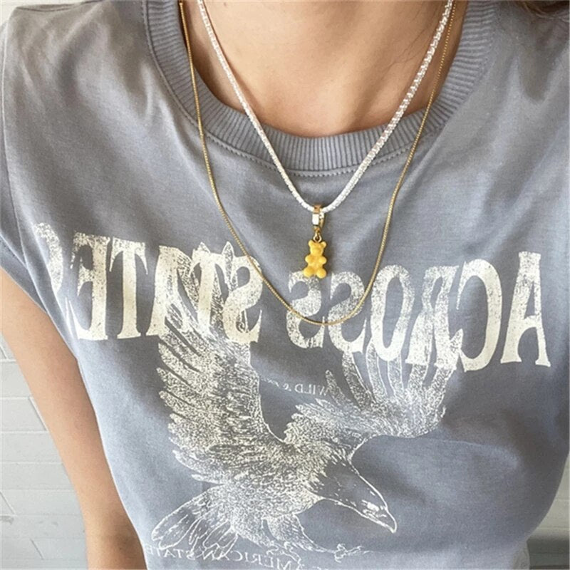 HUANZHI 2021 Colorful Resin Bear Pearl Zircon Beaded Smiley Metal Chain Pendant Necklace for Women Girls Party Jewelry Gifts